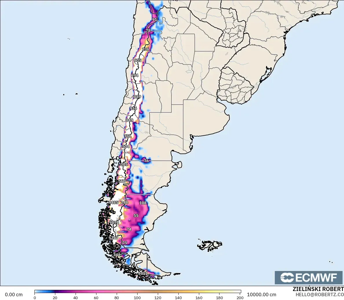 ECMWF IFS 0.25° model - Argentina, Snow Depth