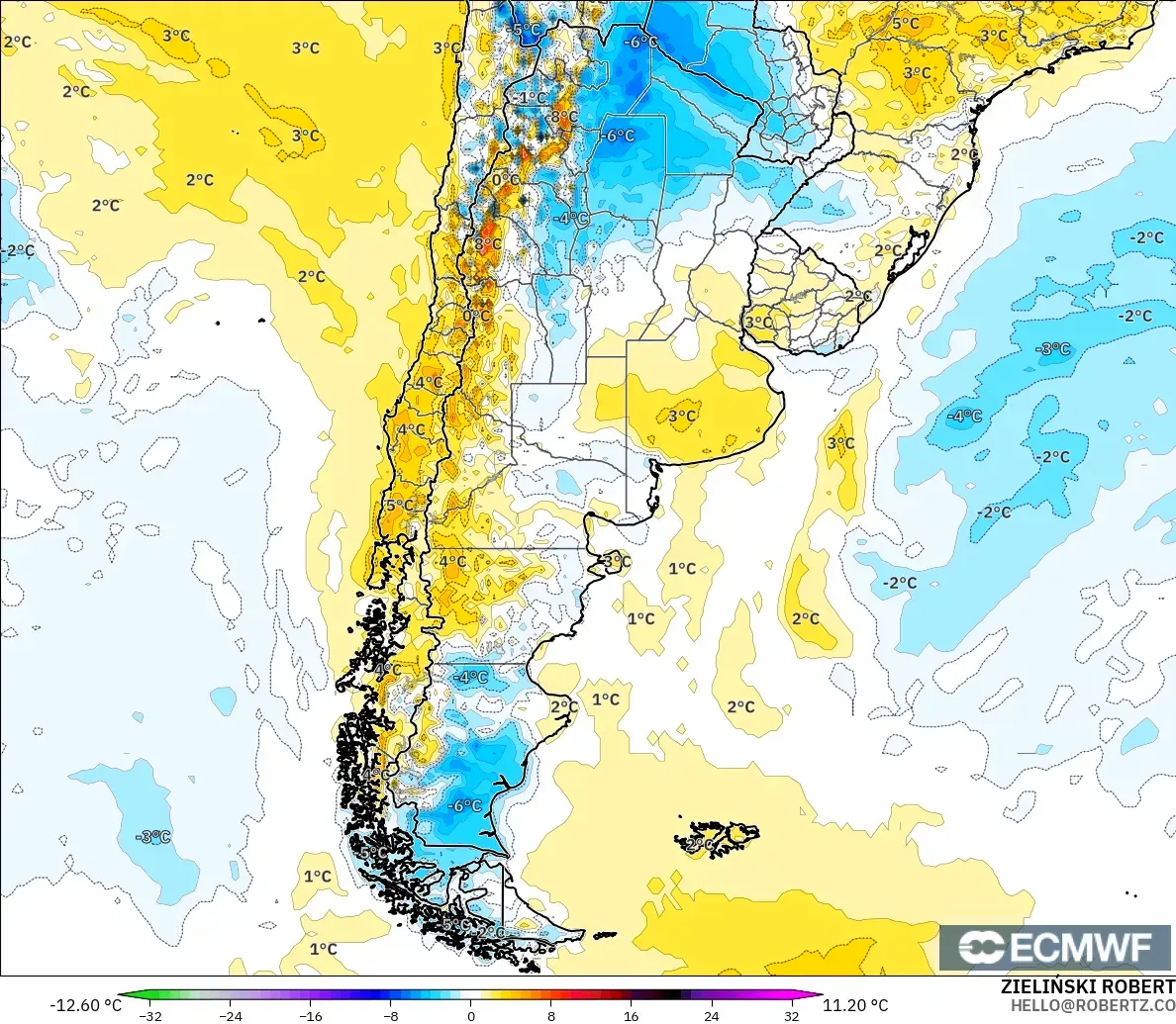 ECMWF IFS 0.25° model - Argentina, Temperature at 2m Anomaly