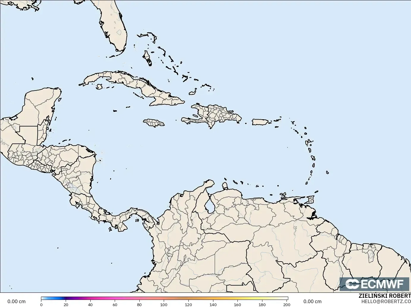 ECMWF IFS 0.25° model - Caribbean, Snow Depth