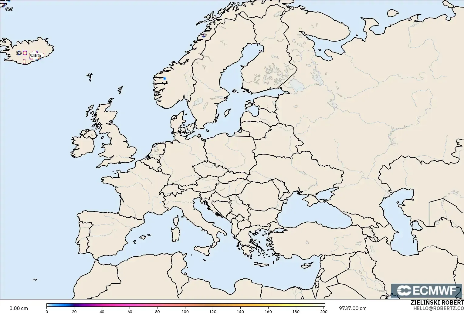 ECMWF IFS 0.25° model - Europe, Snow Depth
