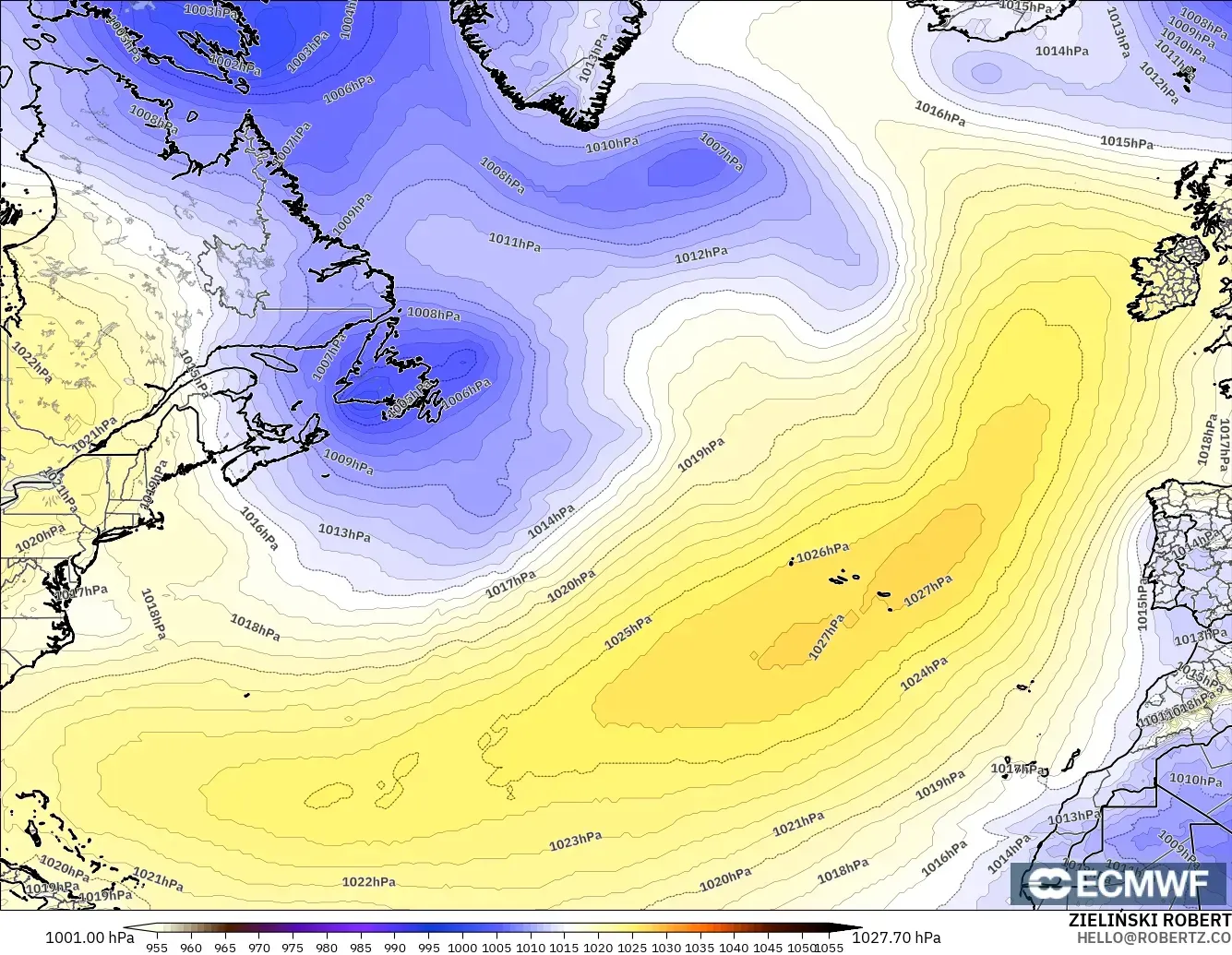ECMWF IFS 0.25° model - North Atlantic, Pressure