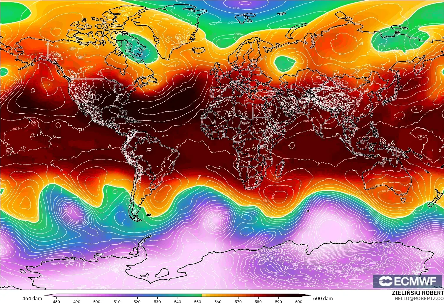 ECMWF IFS 0.25° model - World, Geopotential height at 500hPa