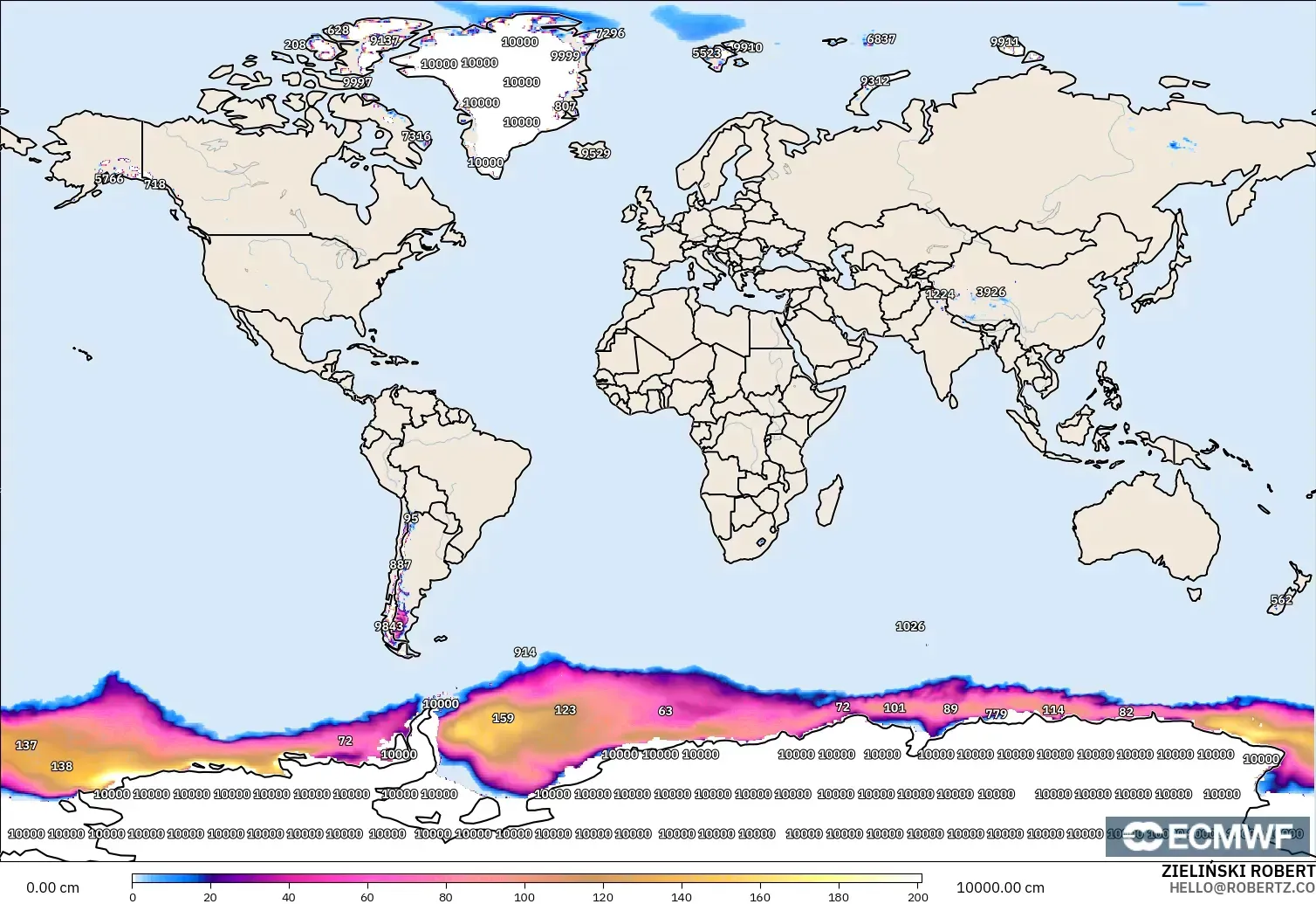 ECMWF IFS 0.25° model - World, Snow Depth