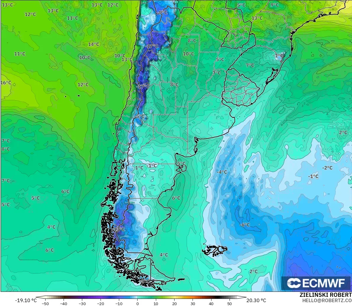 ECMWF IFS 0.25° model - Argentina, Dewpoint at 2m