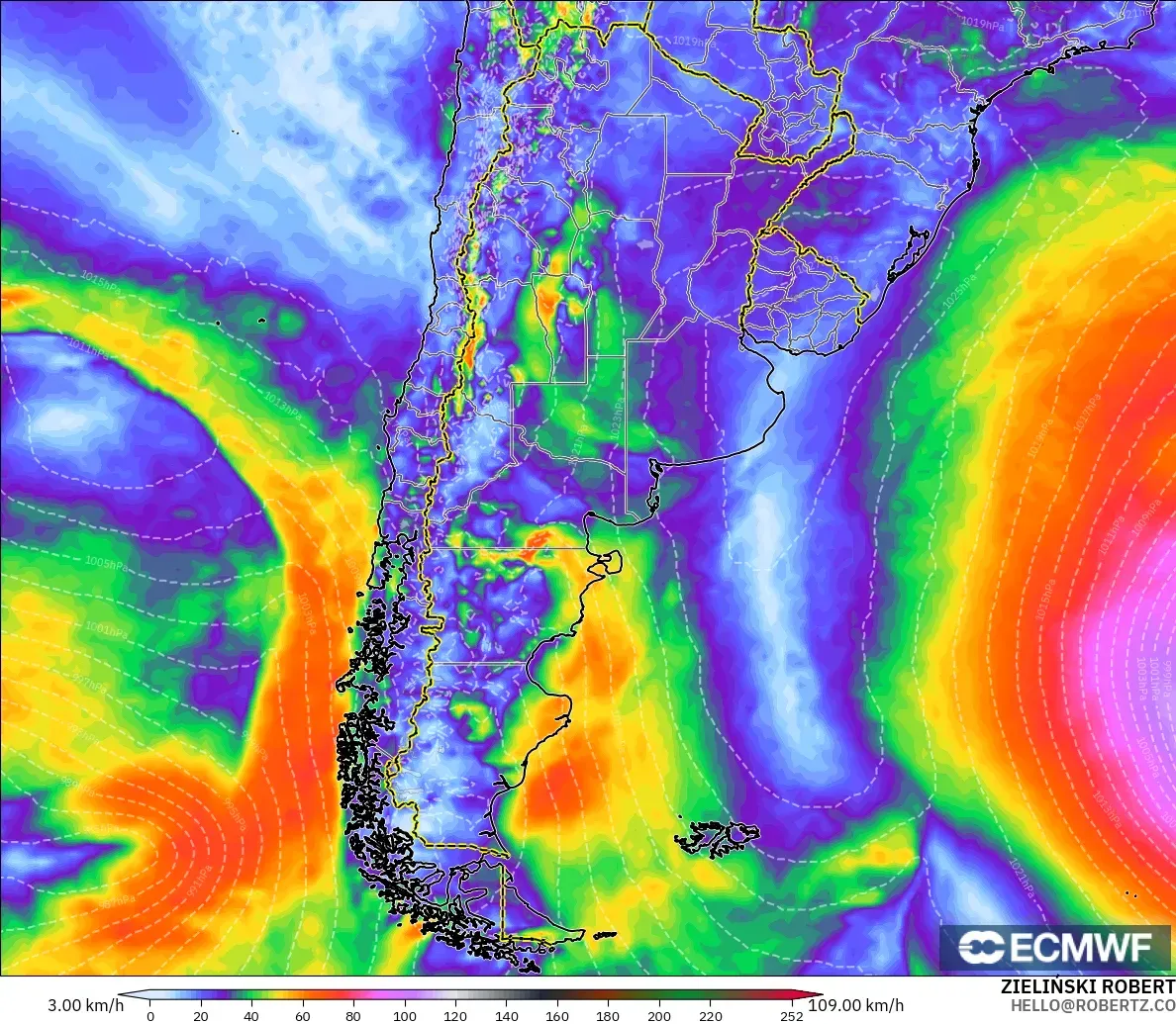 ECMWF IFS 0.25° model - Argentina, Wind Gusts