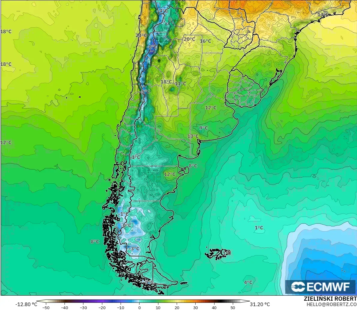 ECMWF IFS 0.25° model - Argentina, Temperature at 2m