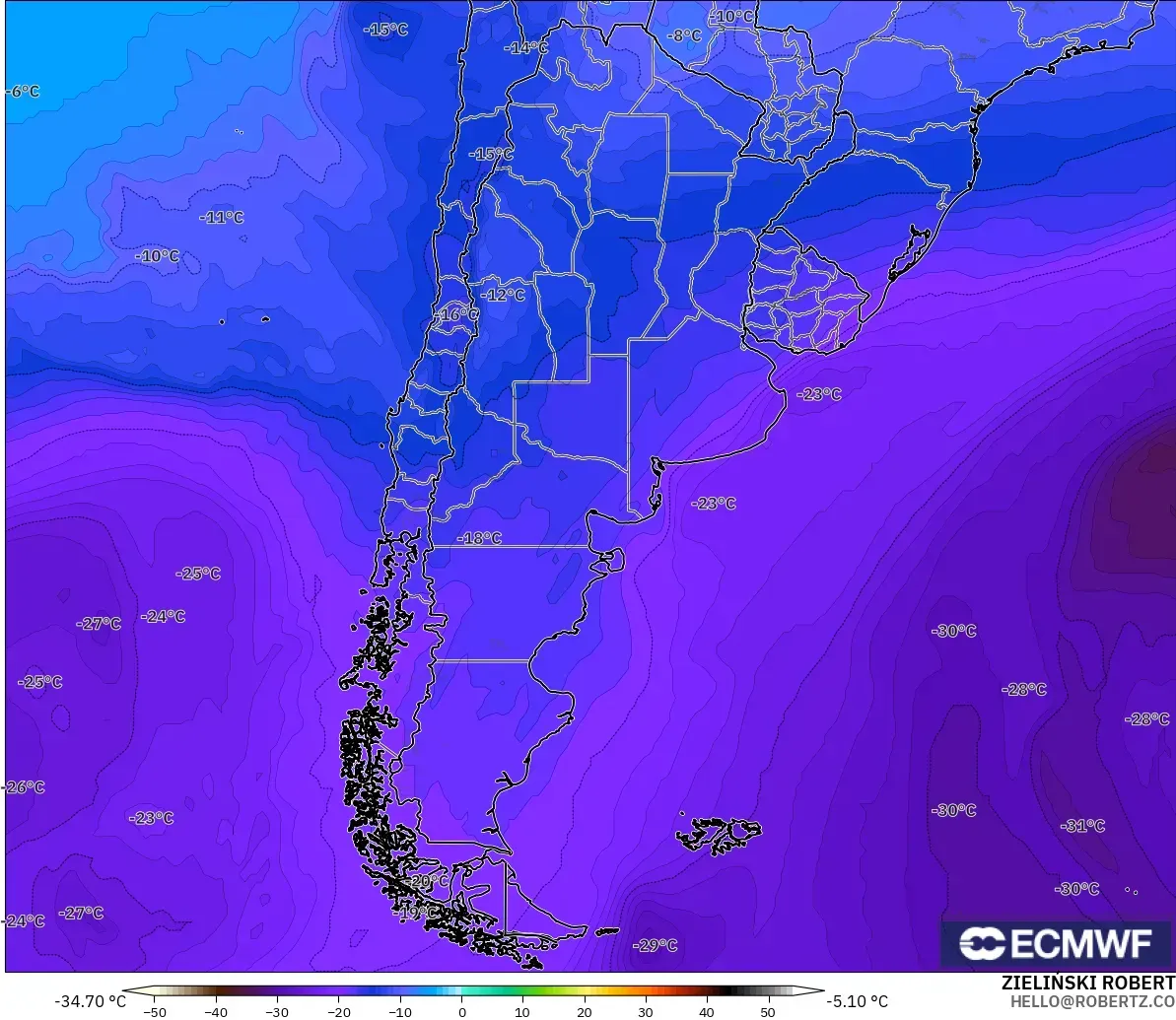 ECMWF IFS 0.25° model - Argentina, Temperature at 500hPa