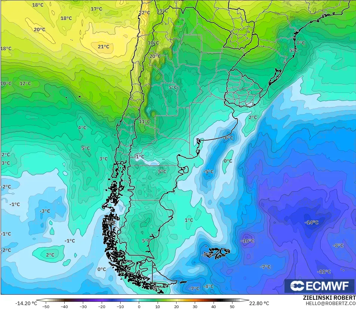 ECMWF IFS 0.25° model - Argentina, Temperature at 850hPa