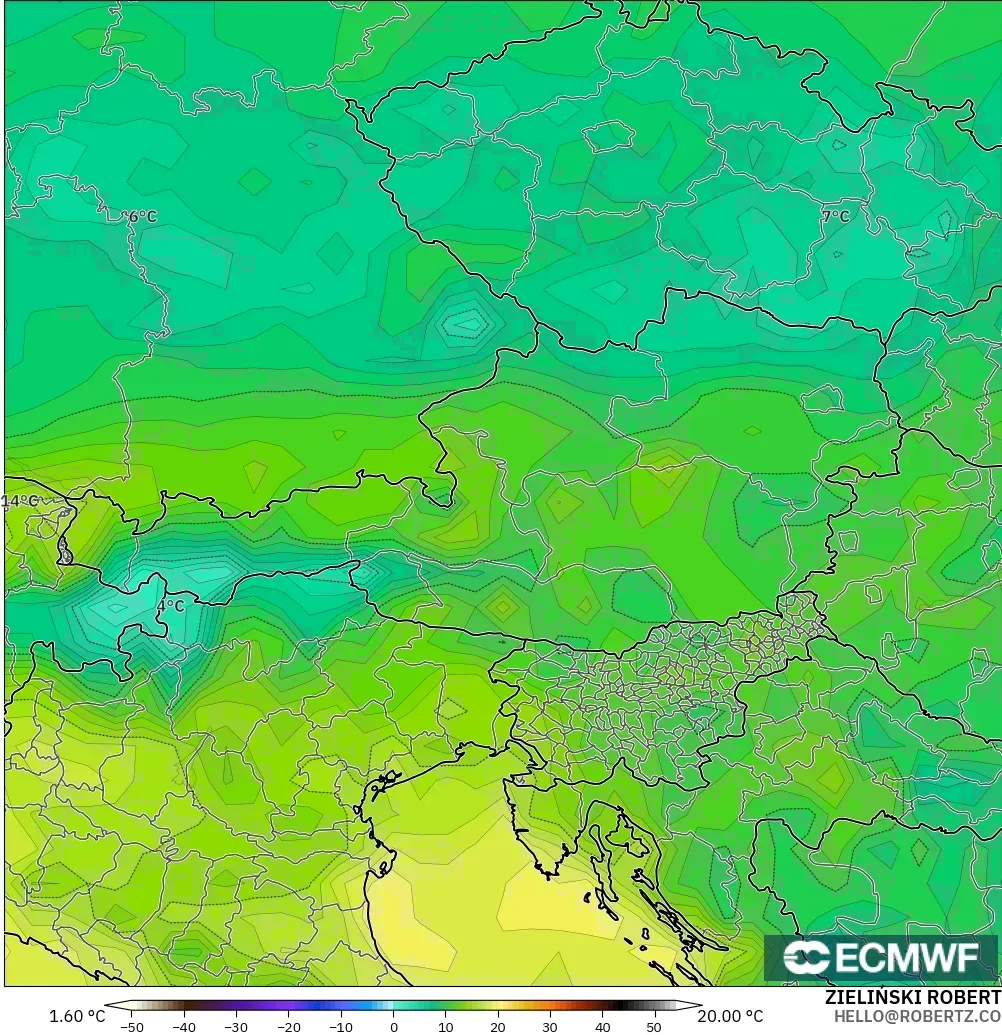 ECMWF IFS 0.25° model - Austria, Dewpoint at 2m