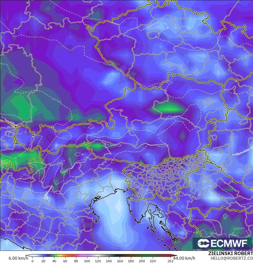 ECMWF IFS 0.25° model - Austria, Wind Gusts