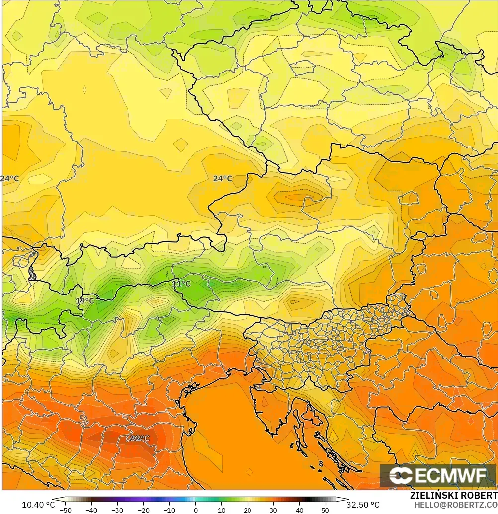 ECMWF IFS 0.25° model - Austria, Temperature at 2m