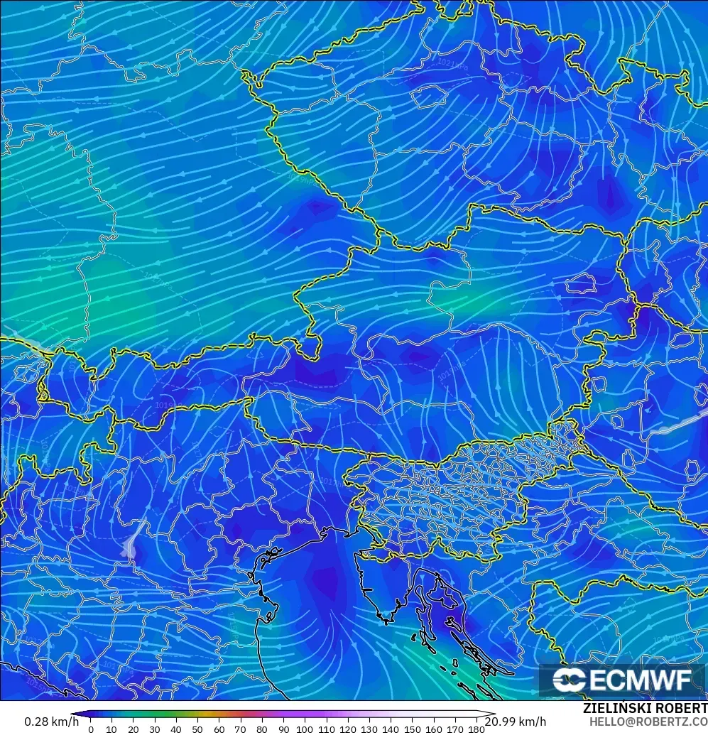 ECMWF IFS 0.25° model - Austria, Wind at 10m