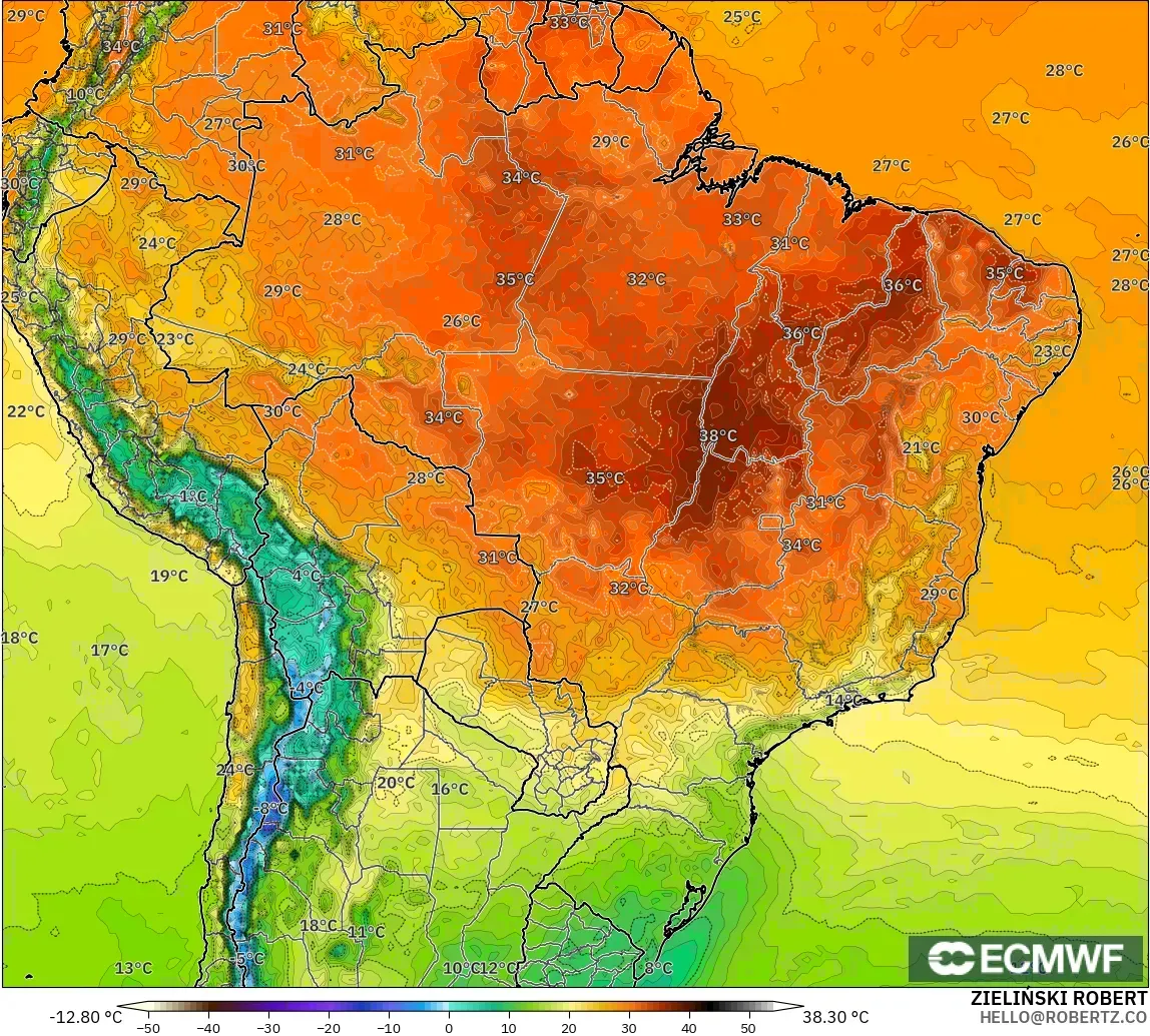 ECMWF IFS 0.25° model - Brazil, Temperature at 2m