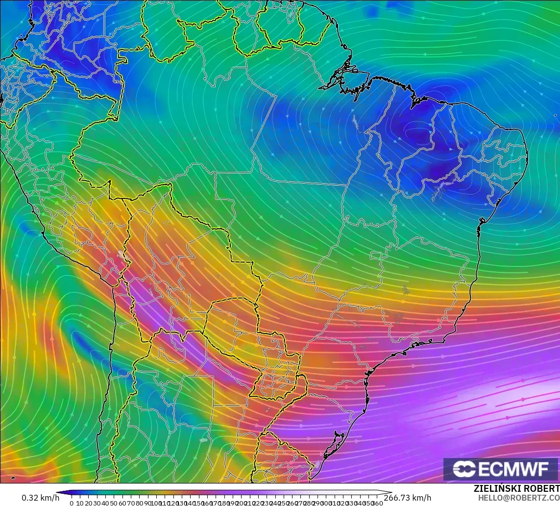 ECMWF IFS 0.25° model - Brazil, Wind at 300hPa (jet stream)