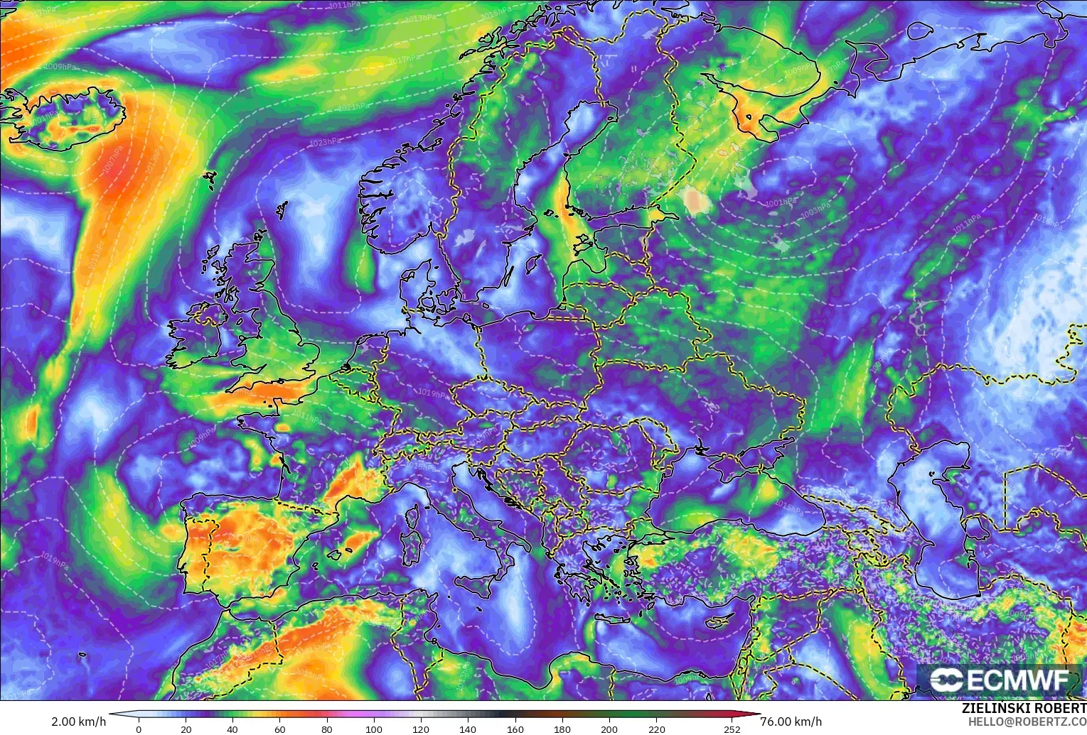 ECMWF IFS 0.25° model - Europe, Wind Gusts