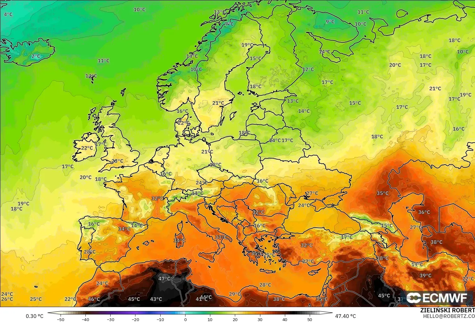 ECMWF IFS 0.25° model - Europe, Temperature at 2m