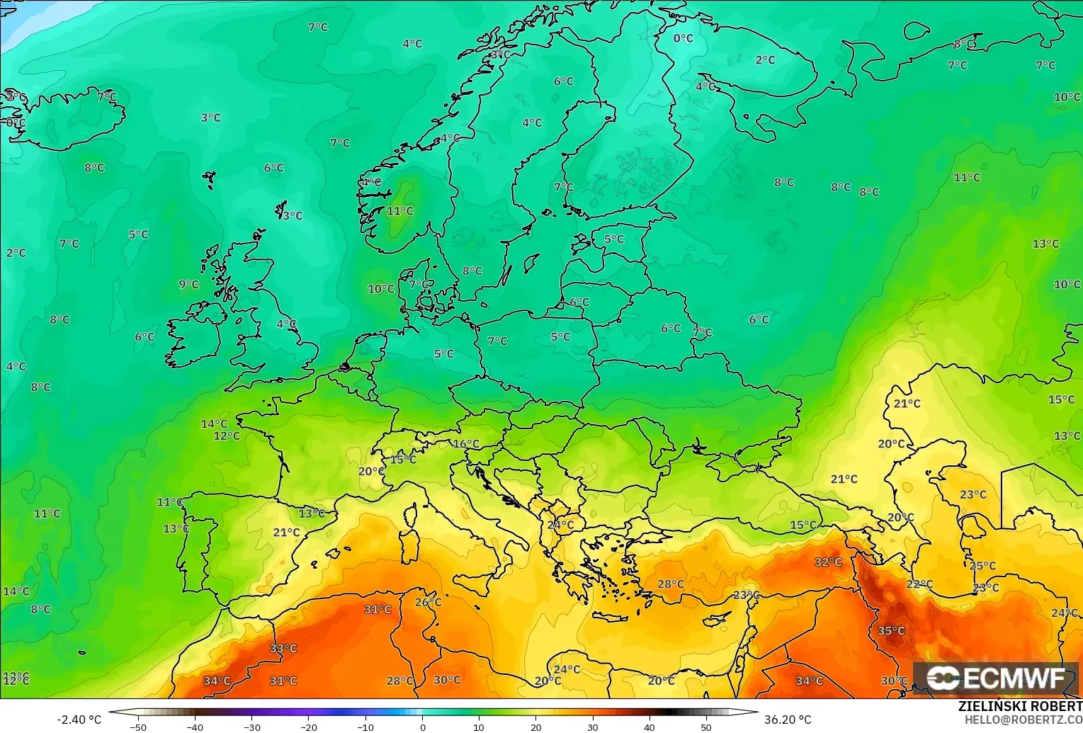 ECMWF IFS 0.25° model - Europe, Temperature at 850hPa
