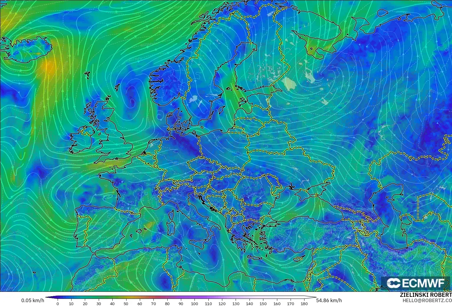 ECMWF IFS 0.25° model - Europe, Wind at 10m