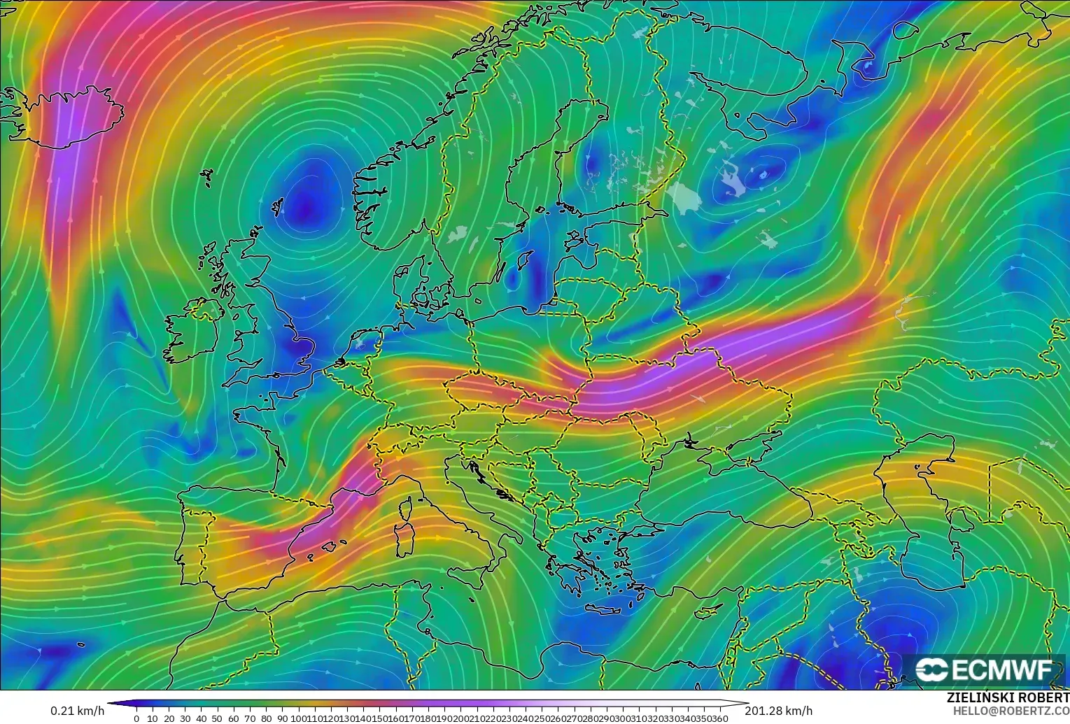 ECMWF IFS 0.25° model - Europe, Wind at 300hPa (jet stream)