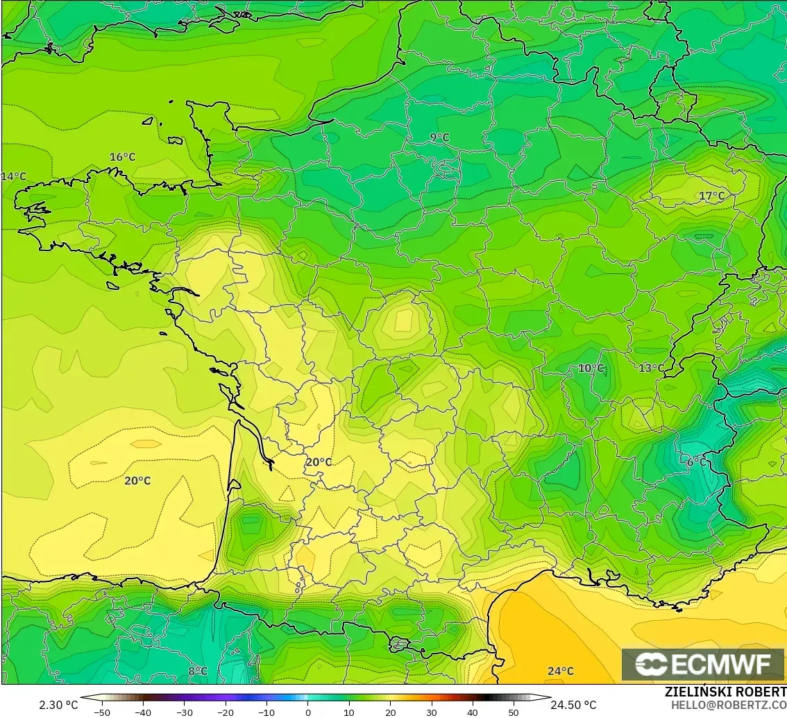 ECMWF IFS 0.25° model - France, Dewpoint at 2m