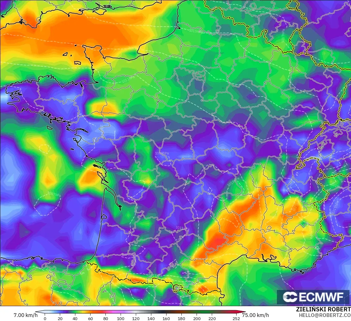 ECMWF IFS 0.25° model - France, Wind Gusts