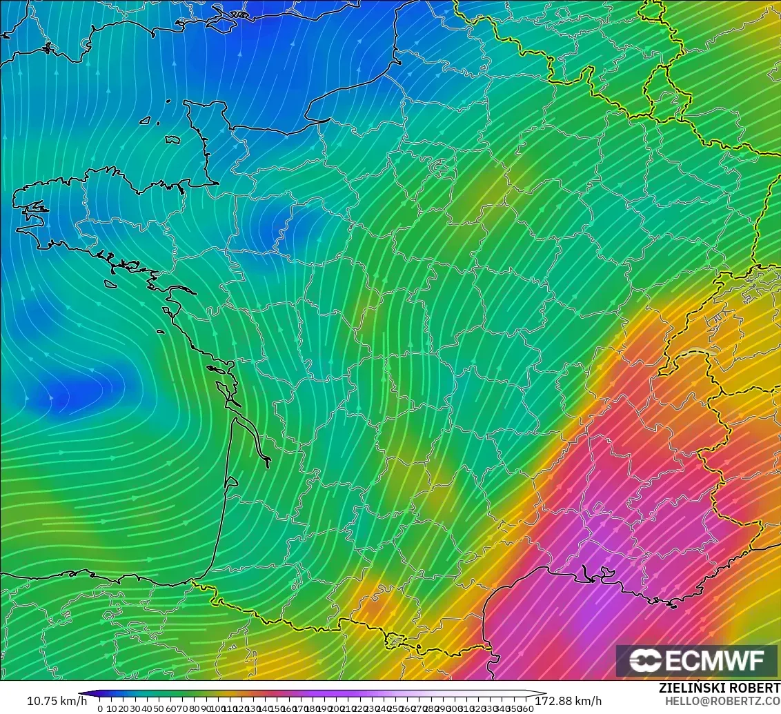 ECMWF IFS 0.25° model - France, Wind at 300hPa (jet stream)