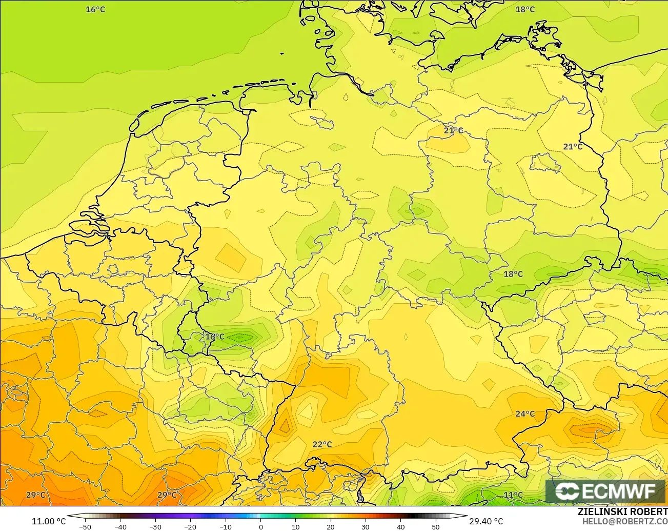 ECMWF IFS 0.25° model - Germany, Temperature at 2m