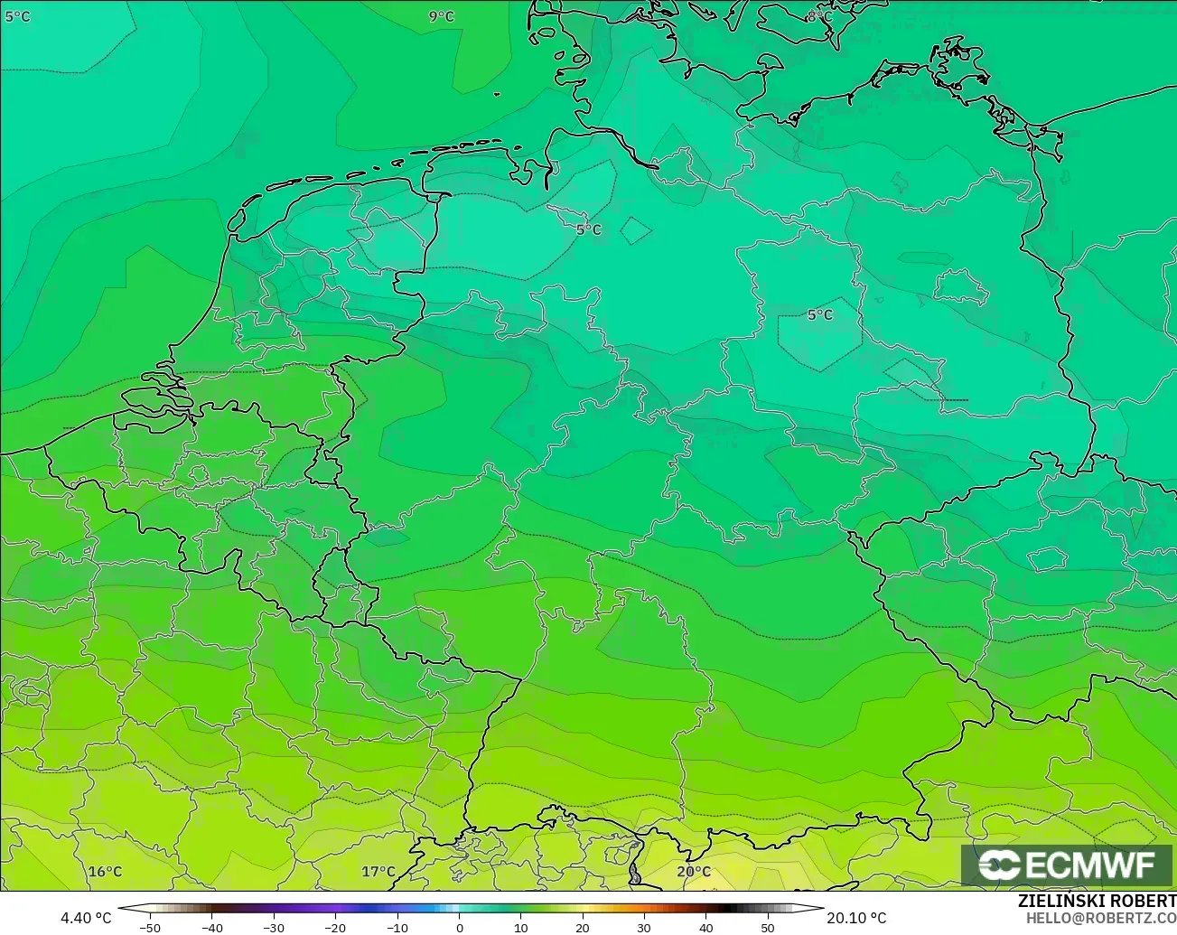ECMWF IFS 0.25° model - Germany, Temperature at 850hPa