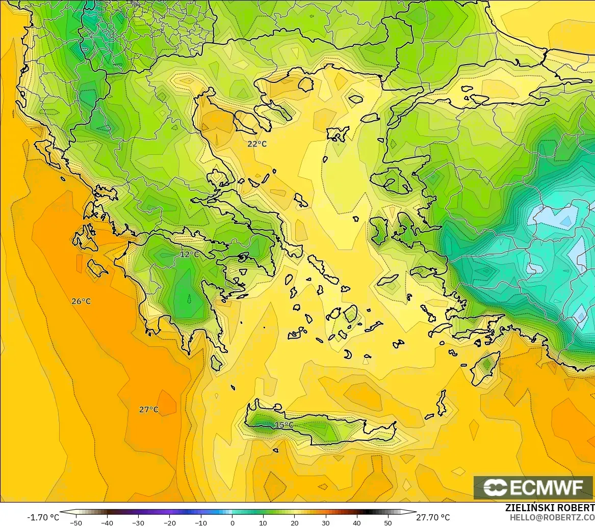 ECMWF IFS 0.25° model - Greece, Dewpoint at 2m