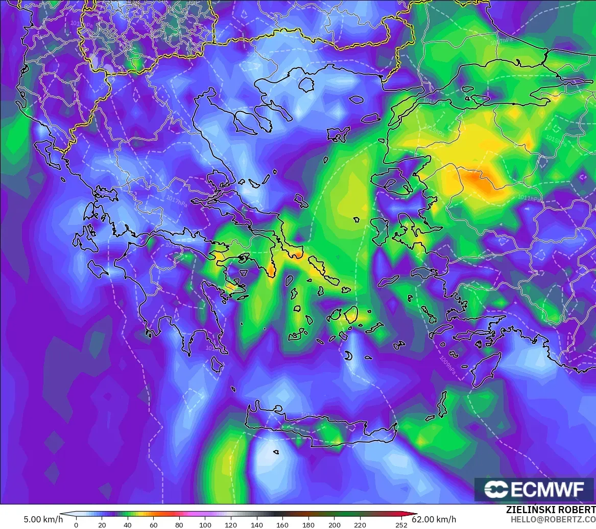 ECMWF IFS 0.25° model - Greece, Wind Gusts Peak