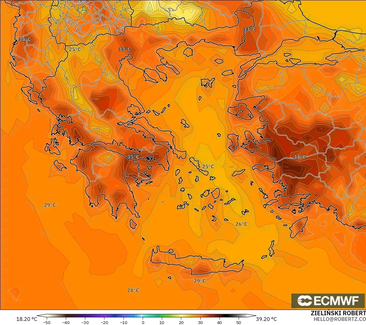 ECMWF IFS 0.25° model - Greece, Temperature at 2m