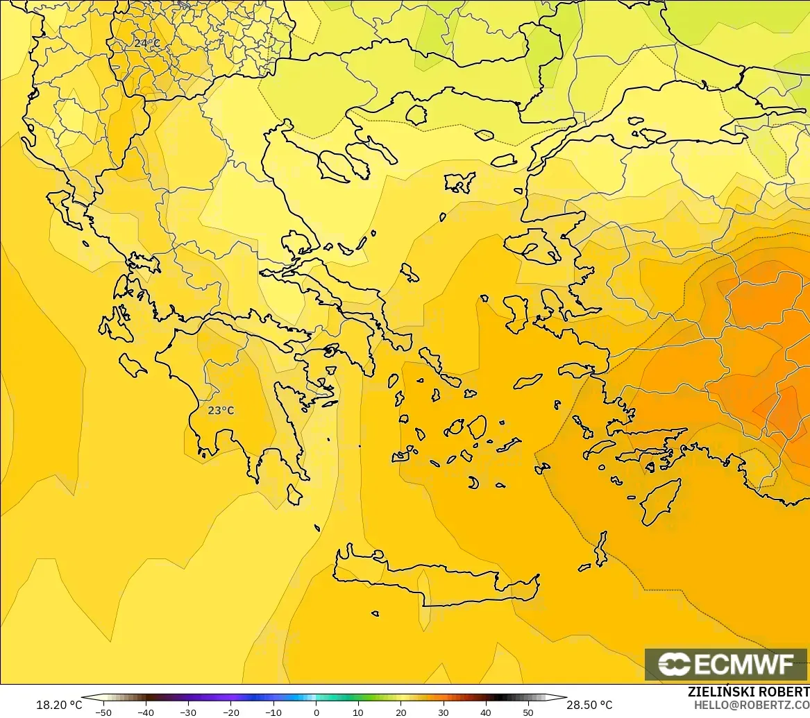 ECMWF IFS 0.25° model - Greece, Temperature at 850hPa