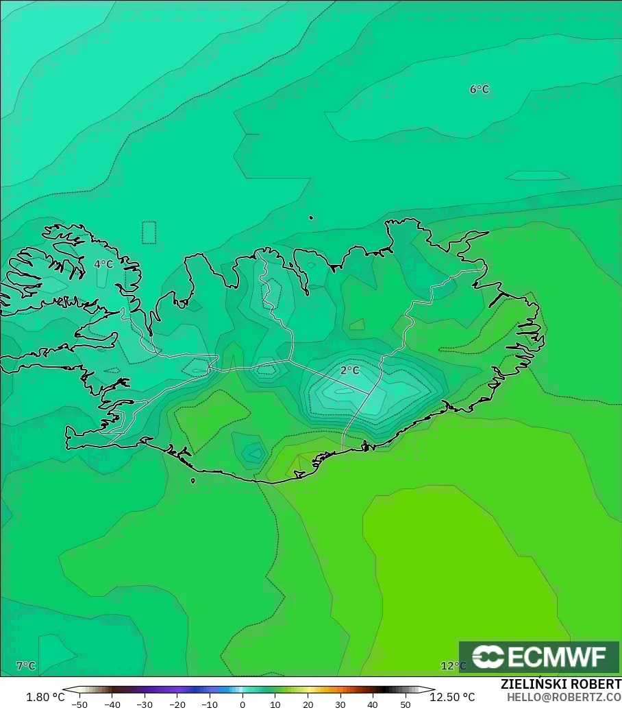 ECMWF IFS 0.25° model - Iceland, Dewpoint at 2m