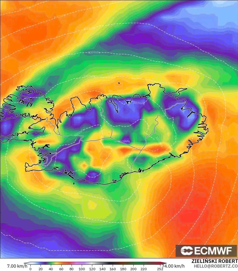 ECMWF IFS 0.25° model - Iceland, Wind Gusts