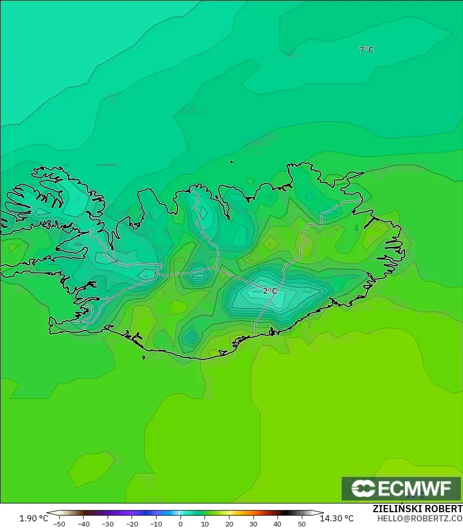 ECMWF IFS 0.25° model - Iceland, Temperature at 2m