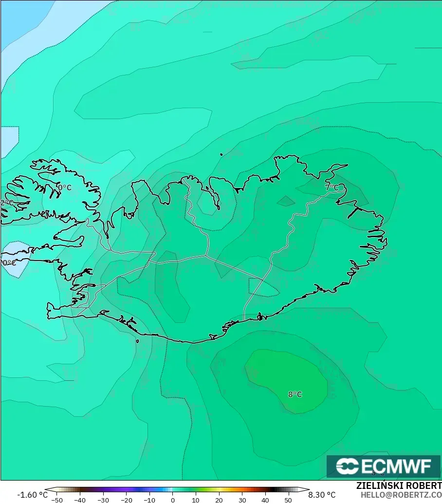 ECMWF IFS 0.25° model - Iceland, Temperature at 850hPa