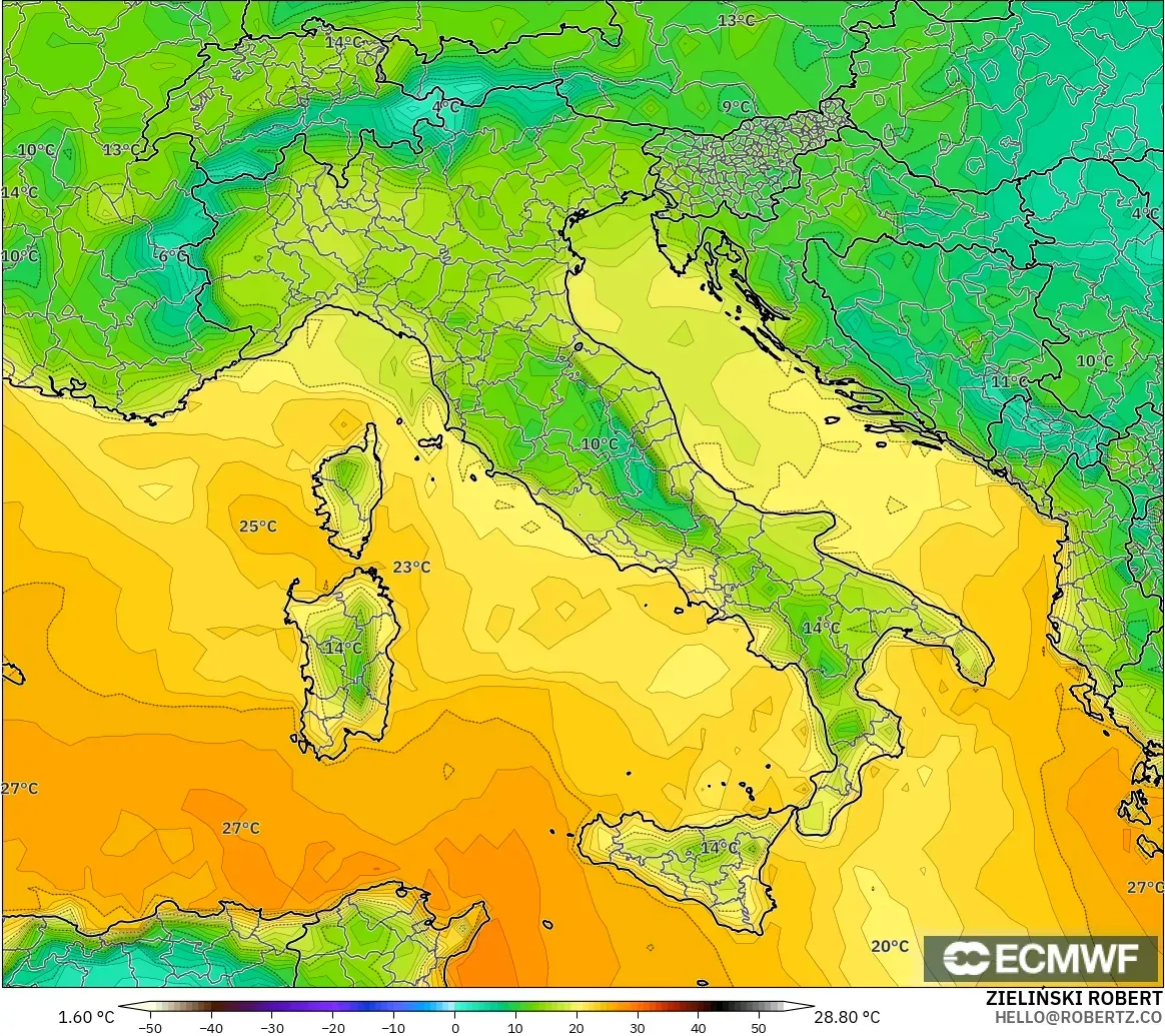 ECMWF IFS 0.25° model - Italy, Dewpoint at 2m