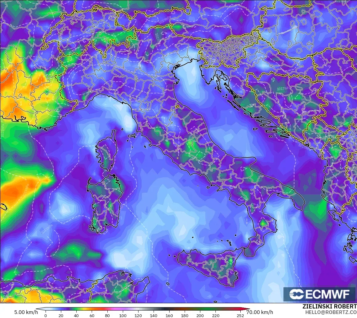 ECMWF IFS 0.25° model - Italy, Wind Gusts Peak