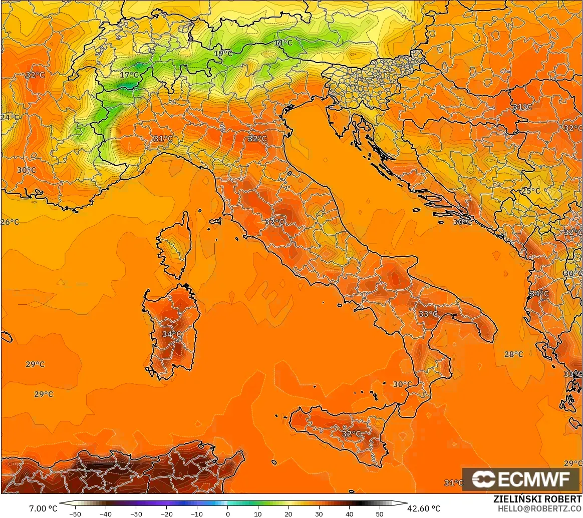 ECMWF IFS 0.25° model - Italy, Temperature at 2m