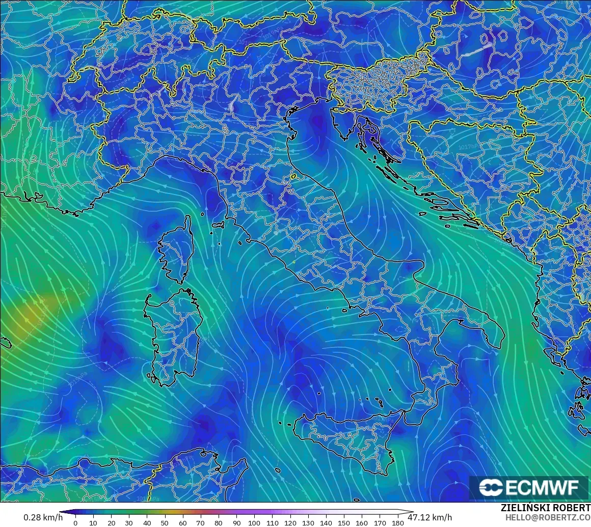 ECMWF IFS 0.25° model - Italy, Wind at 10m