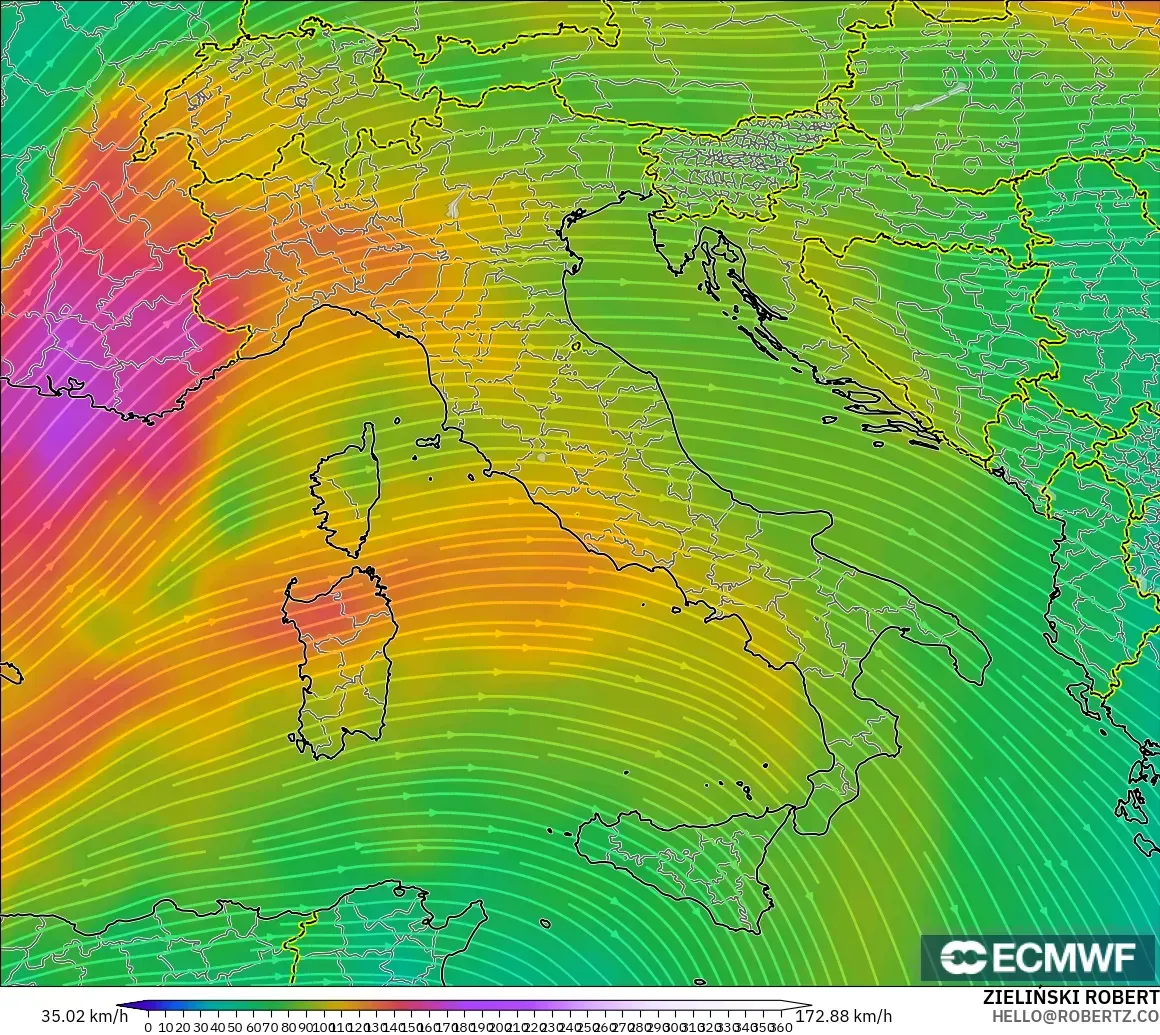 ECMWF IFS 0.25° model - Italy, Wind at 300hPa (jet stream)