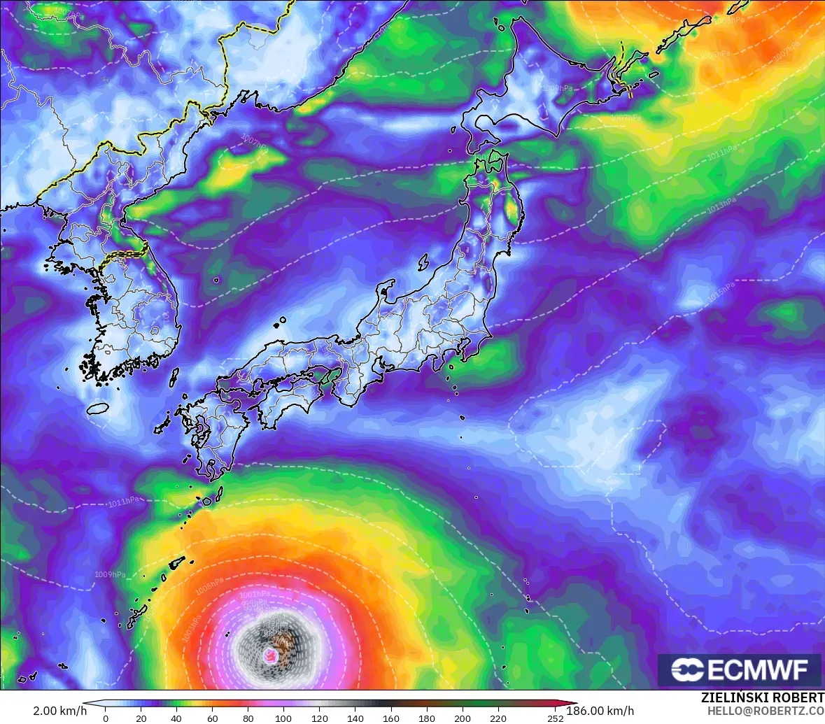 ECMWF IFS 0.25° model - Japan, Wind Gusts Peak