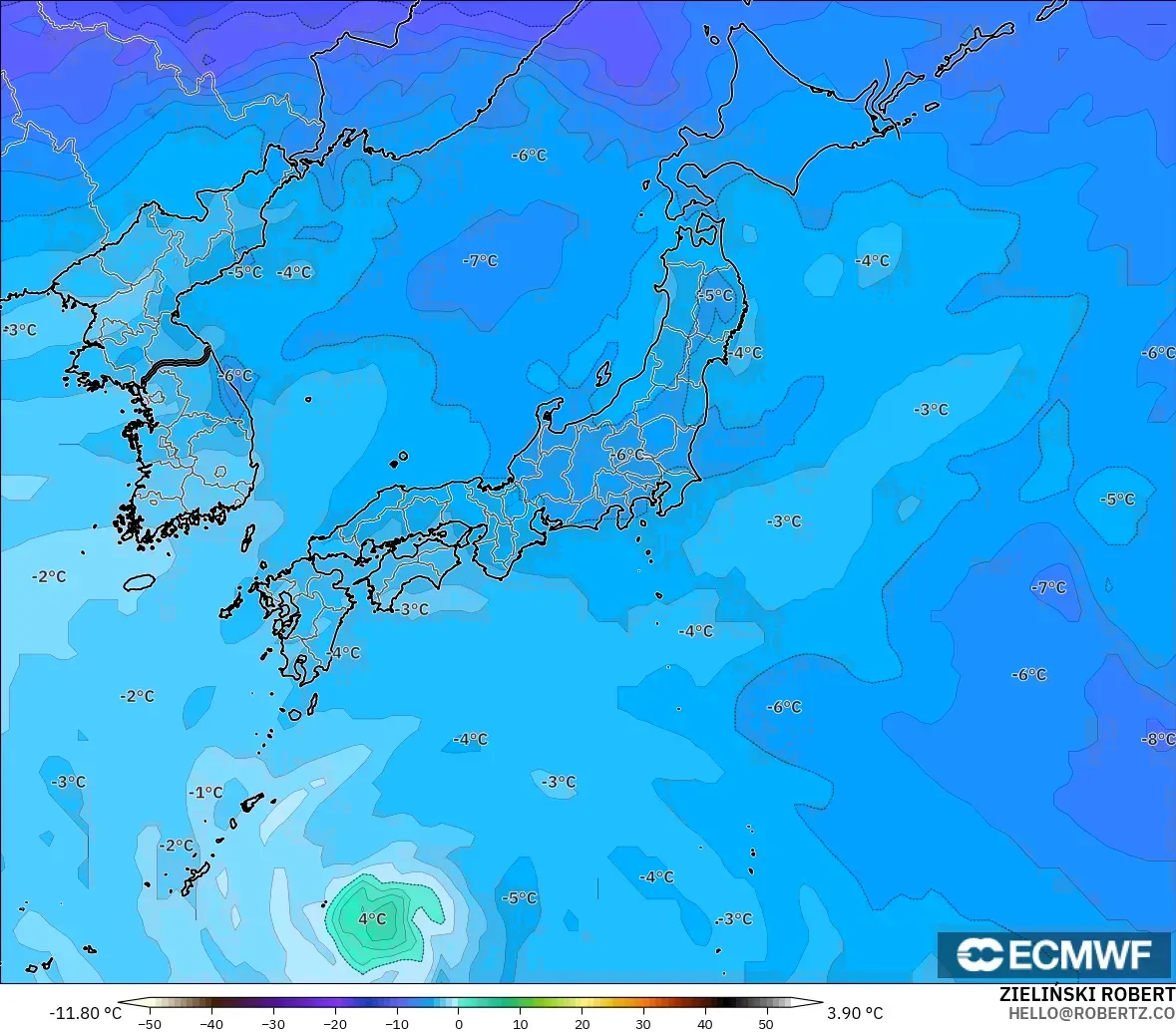 ECMWF IFS 0.25° model - Japan, Temperature at 500hPa