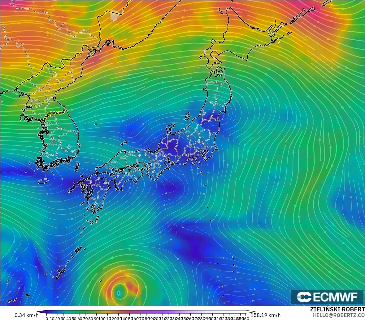 ECMWF IFS 0.25° model - Japan, Wind at 300hPa (jet stream)