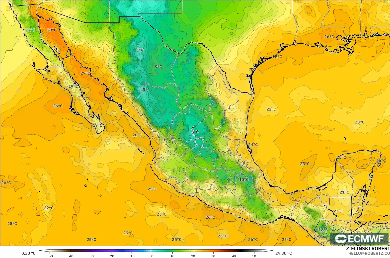 ECMWF IFS 0.25° model - Mexico, Dewpoint at 2m