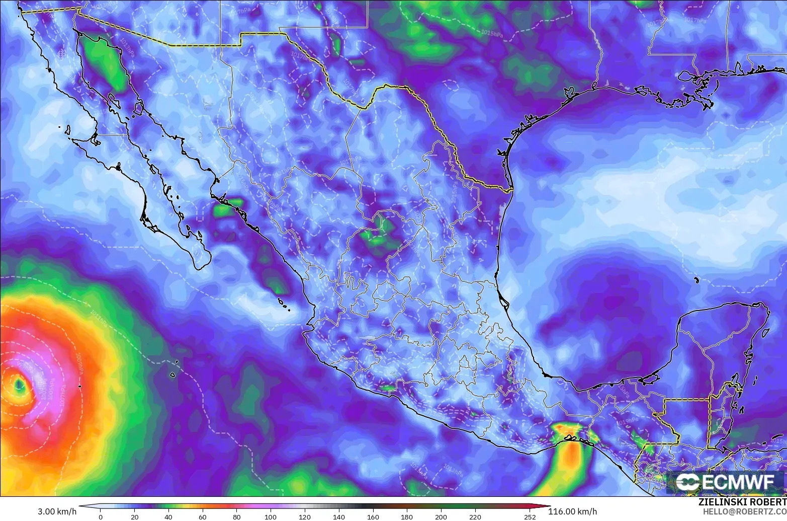 ECMWF IFS 0.25° model - Mexico, Wind Gusts