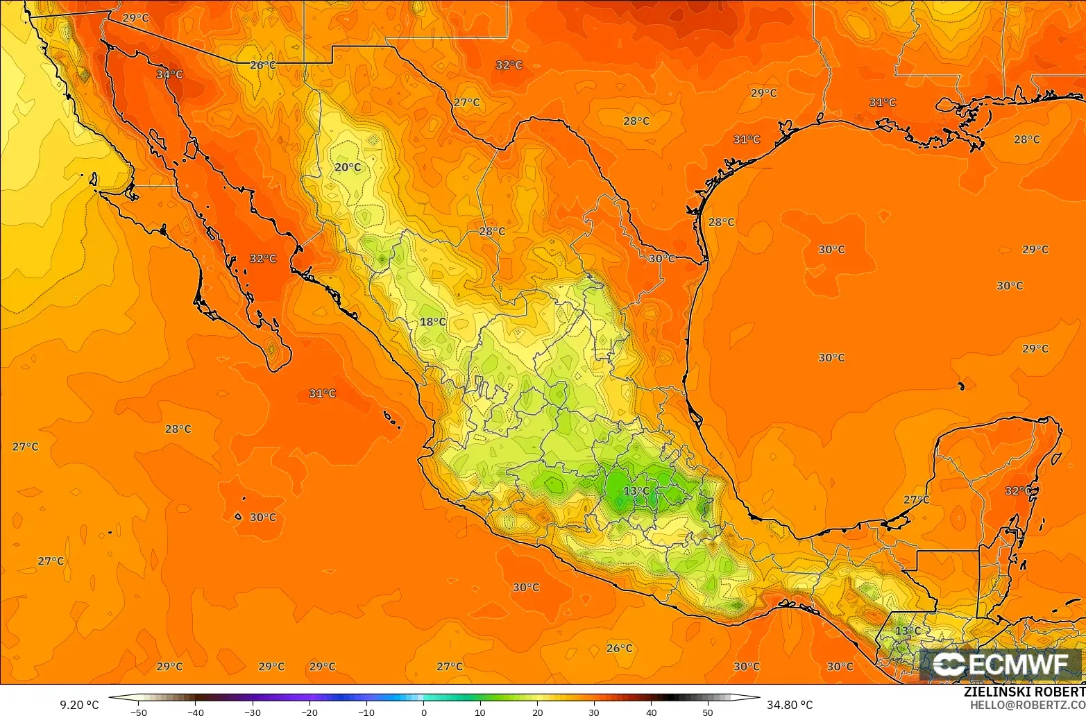 ECMWF IFS 0.25° model - Mexico, Temperature at 2m