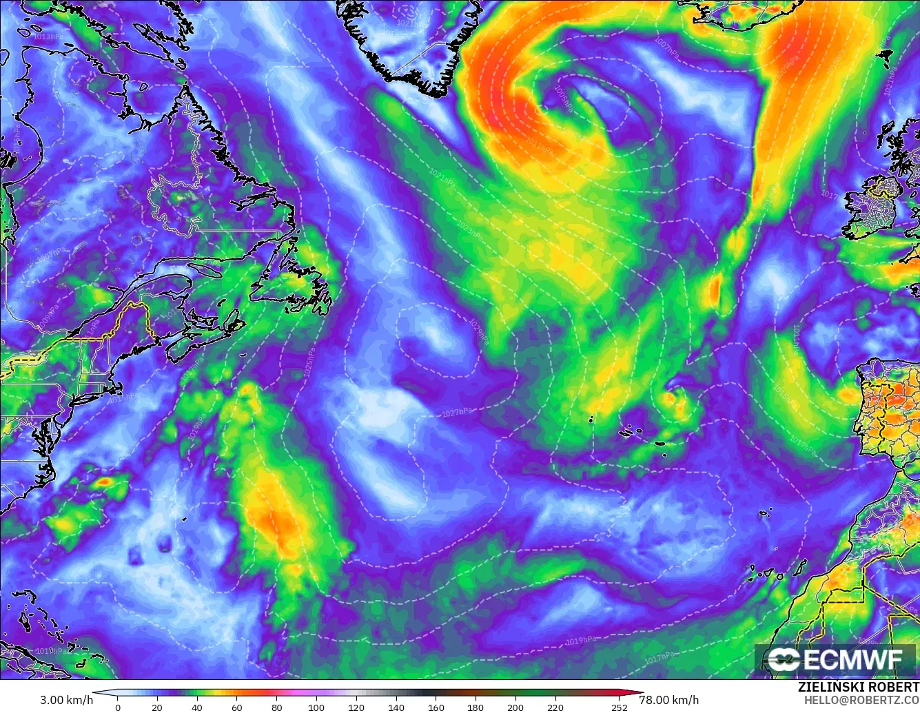 ECMWF IFS 0.25° model - North Atlantic, Wind Gusts