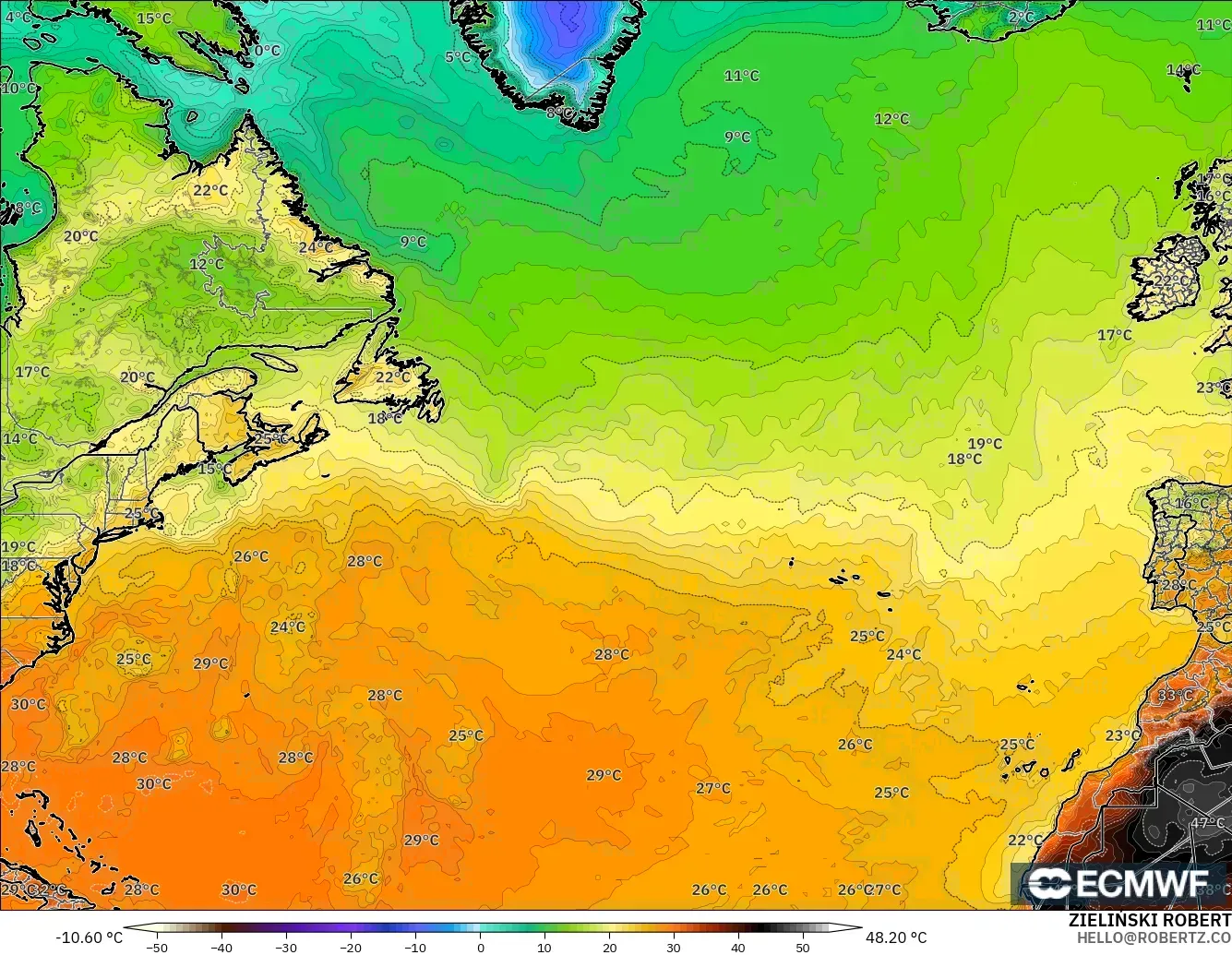 ECMWF IFS 0.25° model - North Atlantic, Temperature at 2m