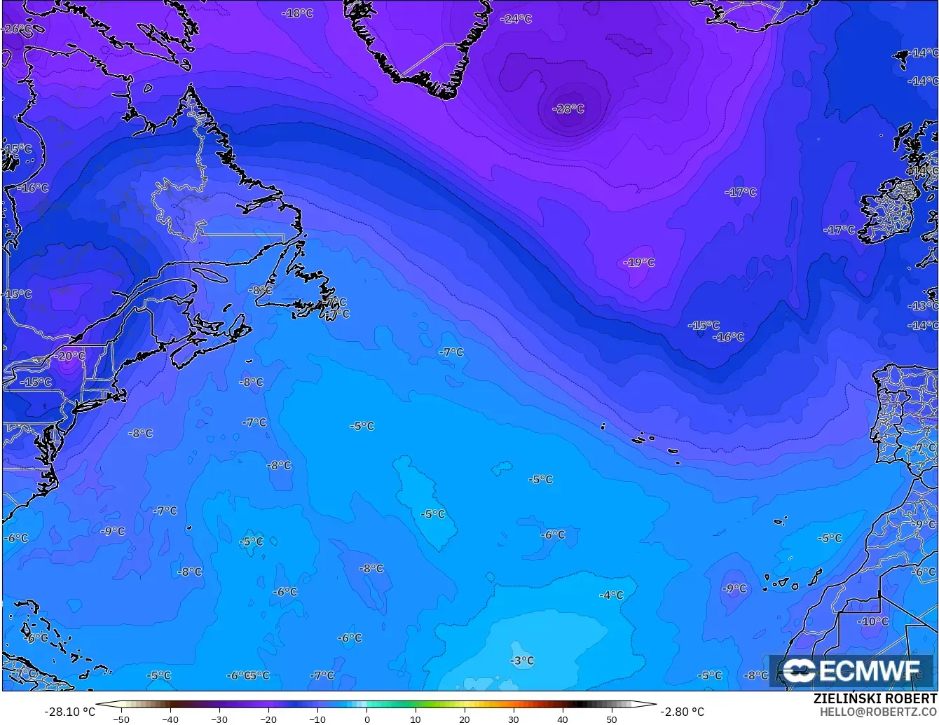 ECMWF IFS 0.25° model - North Atlantic, Temperature at 500hPa
